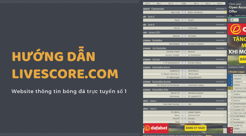 Hướng dẫn tra cứu thông tin bóng đá trên website Livescore.com